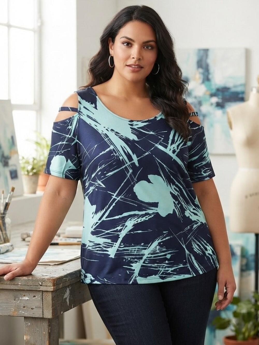 Leota Navy and Aqua Abstract Print Cold Shoulder Blouse Women's Size XXL EUC